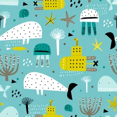 Tapeten Nettes nahtloses Muster mit handgezeichnetem Meeresleben und gelbem U-Boot. Sommer heller Hintergrund für Stoffdesign. Skandinavischer Stil. © bukhavets