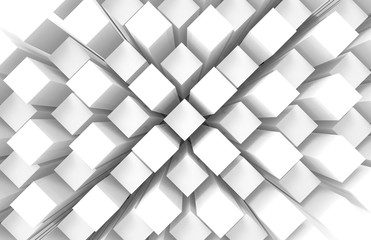3d rendering. modern abstract random white square cube box bar stack wall design art background.