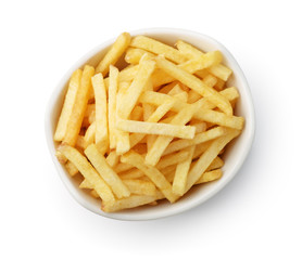 Top view of french fries  in ceramic bow