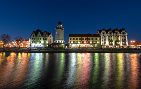 Amazing Night View of central Part of Kaliningrad in Russia Fishing Village - historical District in Kaliningrad