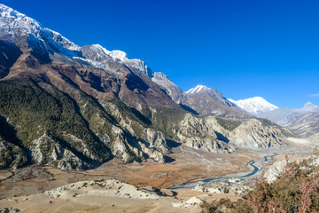 Way to Upper Pisang, Annapurna Circuit Trek, Nepal. Clear sky above the peak. Picturesque landscape, river in the bottom on the valley, small trees on the shores. White Himalayas mountain peaks