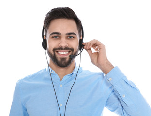 Portrait of technical support operator with headset isolated on white