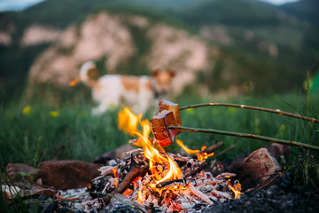 Fried bacon at campfire while camping outdoors.
