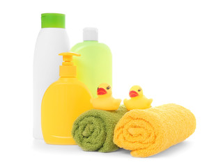 Obraz na płótnie Canvas Baby cosmetic products, toys and towels isolated on white