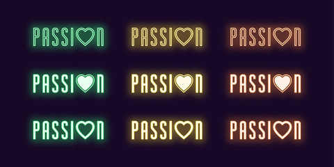 Fototapeta premium Neon icon set of Passion word. Vector glowing art