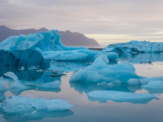 Fototapeta na wymiar Beautiful glacier lagoon. Thousands of icebergs drifting lazily towards the sea, shining in many shades of blue. Soft sunset in the back. Thick clouds above the lagoon. Mountains in the back