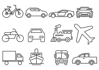 thin line icons set,transportation,Airplane,Car,Truck,Bus,Train,Bicycle,Car front,Motorcycle,Pickup truck,Boat,vector illustrations
