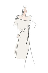 Fashion sketch. Elegant young woman, model. Female silhouette in dress  