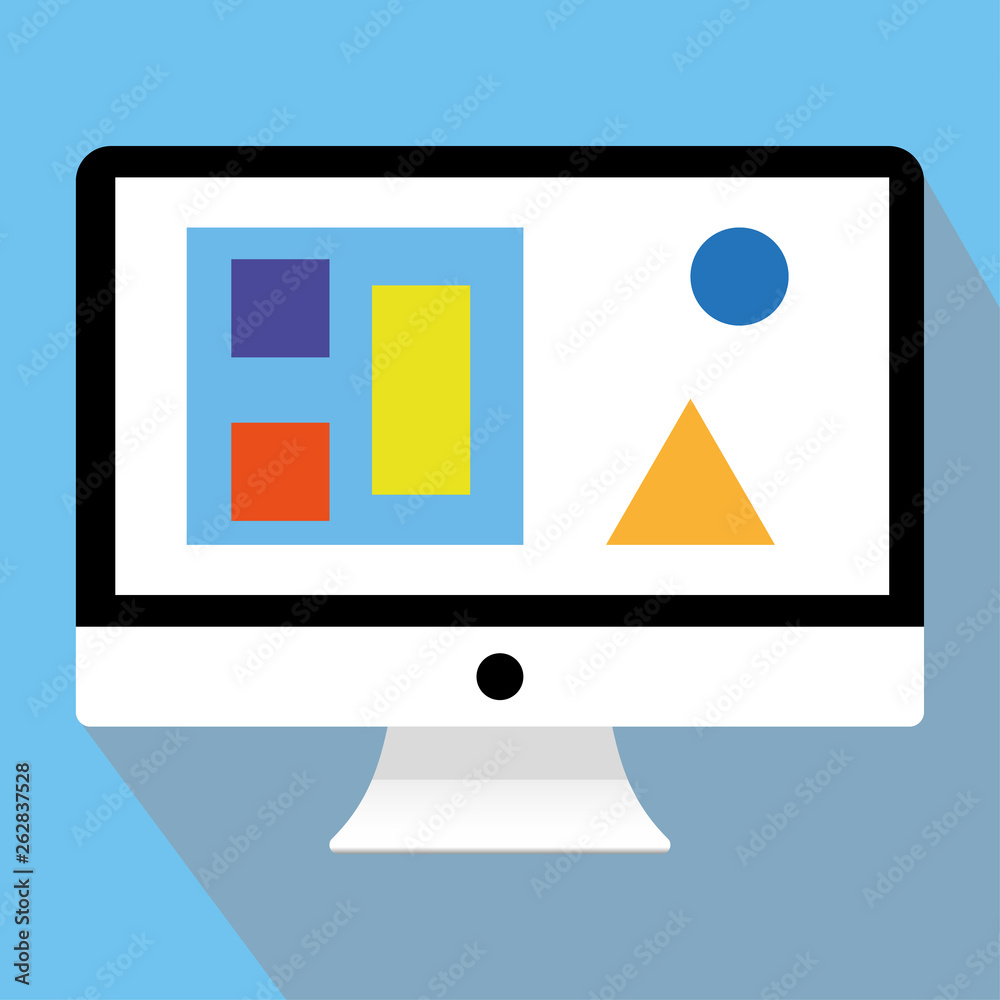Fototapete Black and white Computer desktop with graph and figures with grey shadow on blue background. desctop computer with info chart graphics vector eps10.