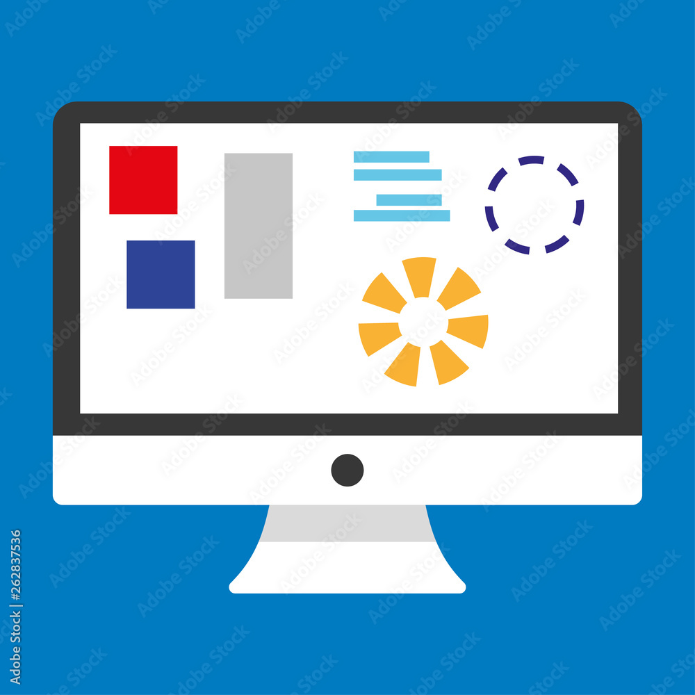 Fototapete Black and white Computer desktop with graph and figures on blue background. desctop computer with info chart graphics vector eps10.