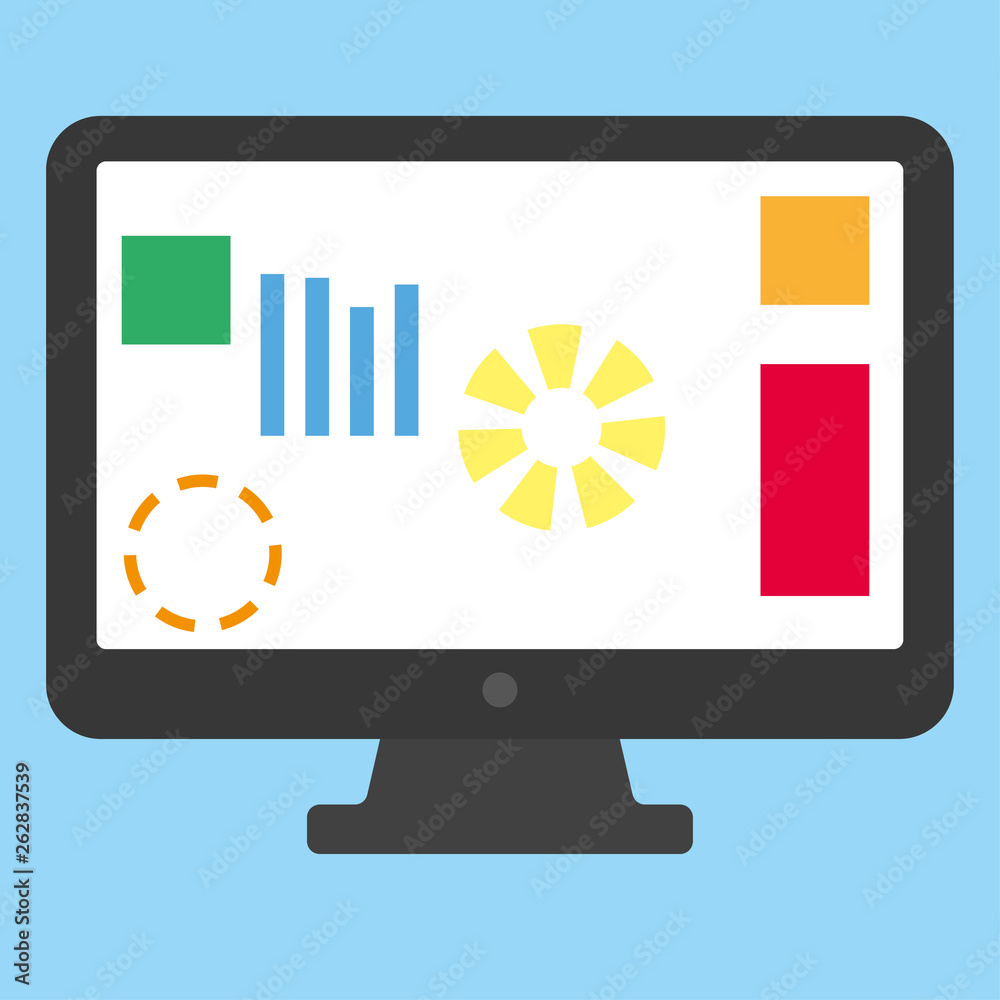 Fototapete Black Computer desktop with graph and figures on blue background. desctop computer with info chart graphics vector eps10.