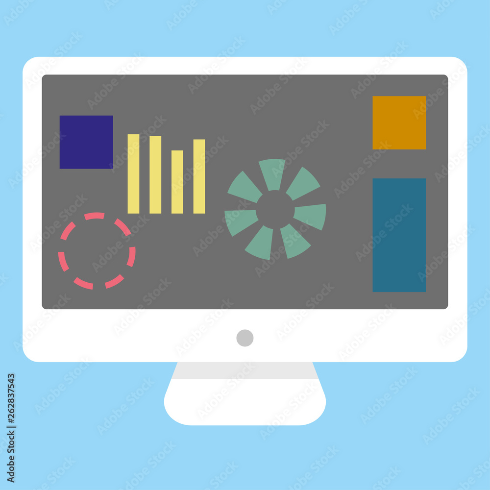 Fototapete White computer desktop with graph and figures on blue background. Desctop computer with info chart graphics vector eps10.