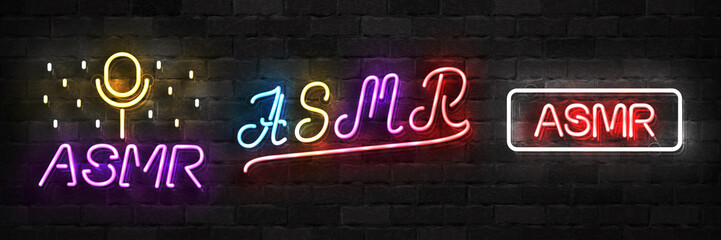 Vector realistic isolated neon sign of ASMR logo for template decoration and covering on the wall background.