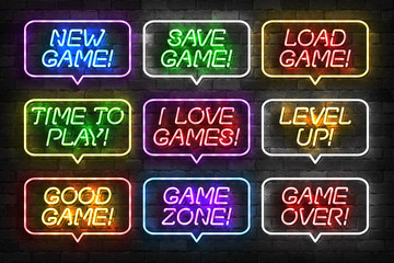 Vector set of realistic isolated neon sign of Game logo for template decoration and mockup covering on the wall background. Concept of gaming.