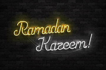 Vector realistic isolated neon sign of Ramadan Kareem typography logo for invitation decoration on the wall background.