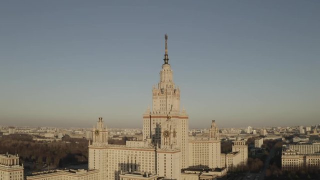 Aerial footage of Moscow State University in spring on sunset. Russia. HEVC/H.265, D-Cinelike, Dlog-M,