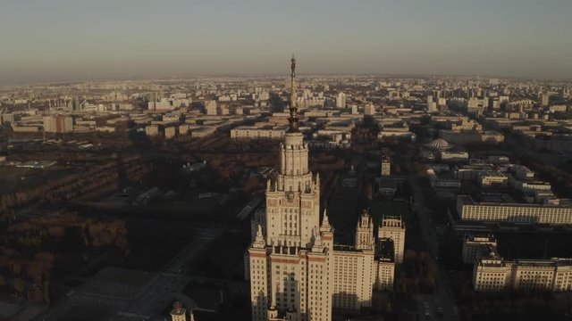 Aerial footage of the Stalinist skyscraper, architecture of the USSR, Soviet Union. HEVC/H.265, D-Cinelike, Dlog-M,