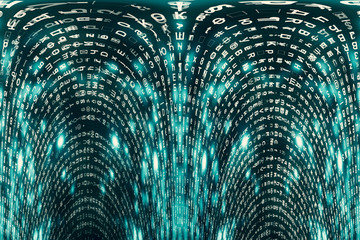 Blue matrix digital background. Distorted cyberspace concept. Characters fall down. Matrix from...
