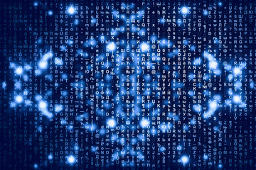 Blue matrix digital background. Abstract cyberspace concept. Characters fall down. Matrix from symbols stream. Virtual reality design. Complex algorithm data hacking. Cyan digital sparks.