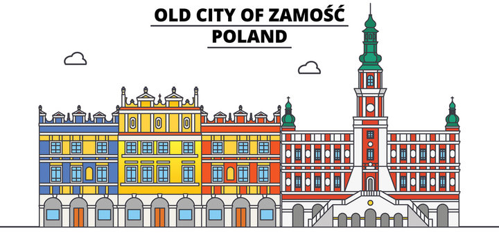 Poland , Zamosc, flat landmarks vector illustration. Poland , Zamosc line city with famous travel sights, design skyline. 