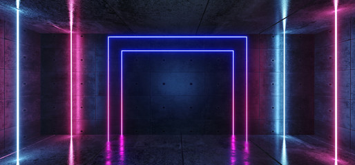 Rectangle Stage Laser Fluorescent Neon Glowing Vertical laser Tube Lines Blue Pink Purple Colors In Dark Grunge Rough Concrete Reflective Room Empty Space Sci Fi Modern Retro 3D Rendering