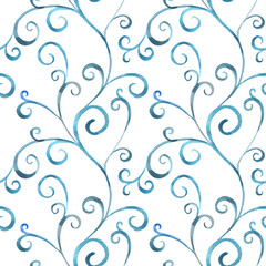 Abstract ornament with curls. Hand drawn watercolor seamless pattern