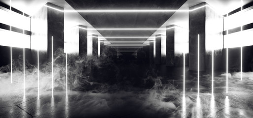 Smoke Steam Fog Reflective Glowing Alien Spaceship Sci Fi Futuristic Room Hall Corridor Hall Windows Light White  Glowing Neon Fluorescent Abstract Lines Path 3D Rendering