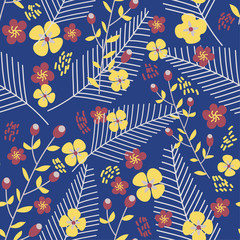 Seamless pattern of bright yellow and red colors on blue background. Vector design.