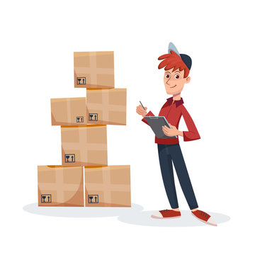 Deliveryman with cardboard boxes on background. Fast Delivery service by courier. Vector cartoon character illustration