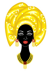 The head of a nice lady. On the head of an African American girl hung a bright handkerchief, turban. The woman is beautiful and stylish. Vector illustration.