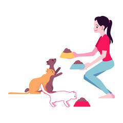 Vector flat happy woman feeds adorable cat
