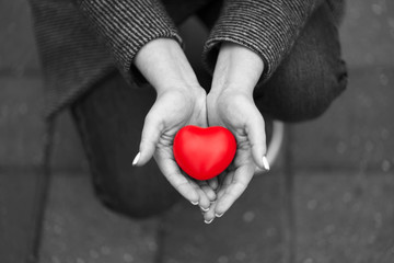 Black and white photo of woman holding on palms red heart staying on the knees. Declaration of love or Charity concept.