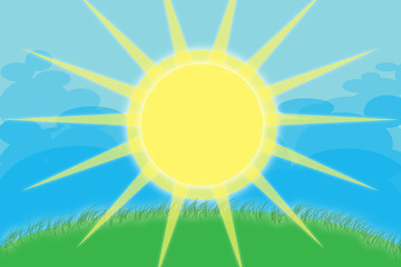 The sun with rays above the ground.