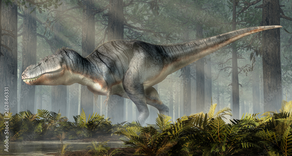 Aufkleber a tyrannosaurus rex stands a dense prehistoric forest. the most popular carnivorous dinosaur, this p