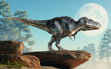 A tyrannosaurus rex stands on a cliff infront of the full moon. The most popular dinosaur, this predator lived during the Cretaceous period. 3D Rendering.