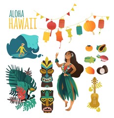 Hawaiian culture traditional symbols in flat cartoon vector illustration set. - obrazy, fototapety, plakaty