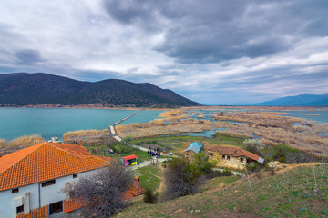 The islet of Agios Achilios in small Prespa lake, Greece