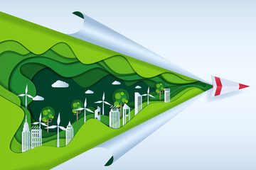 Earth Day paper cut style. Eco Friendly with Paper airplane on cloud, green city nature and renewable energy concept.