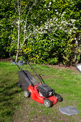 Lawn mower cutting green grass in garden house