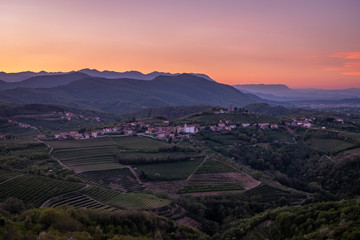 Village Kojsko between vineyards in wine region Brda in Slovenia