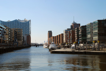 Hafencity: Sandtorhafen with modern architecture, Hamburg, Germany. Hafencity is located on the Elbe river island Grasbrook, on former Port of Hamburg area