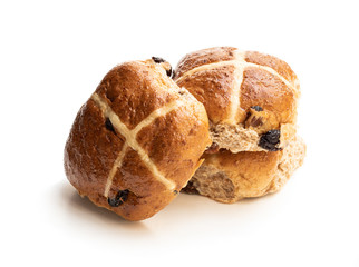 Easter cross buns with sultanas isolated on white background