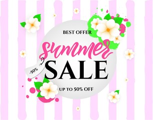 Sale summer banner, with flowers, watercolor spots on striped background, handwriting lettering.