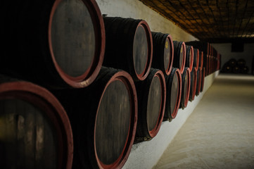 wine wooden barrels inside the undeground tunnels of a winery