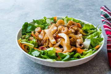 Mix of Seafood Salad with Calamari, Shrimp and Octopus.