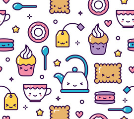 Cute pastel tea party items seamless pattern 