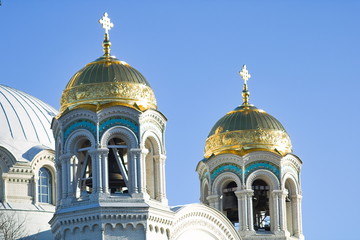 Bell Tower Mosrskogo Cathedral in kronstadt in Russia