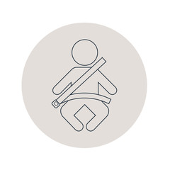 Icono plano lineal ni&ntilde;o sentado con cintur&oacute;n de seguridad en c&iacute;rculo color gris