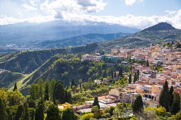Obraz premium Taormina and Etna volcano beautiful landscape, Sicily island, Italy. 