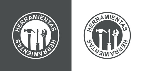 Logotipo con texto HERRAMIENTAS en círculo con herramientas en gris y blanco